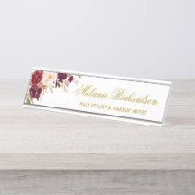 Watercolor Burgundy Nome Floral Dourado Placa