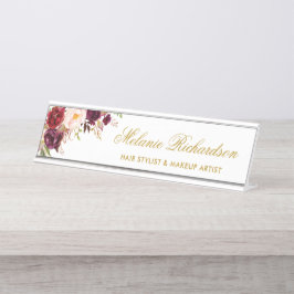 Placa De Mesa Watercolor Burgundy Nome Floral Dourado Placa