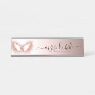 Placa de Nome da Mesa do Anjo Glitter Dourado rosa