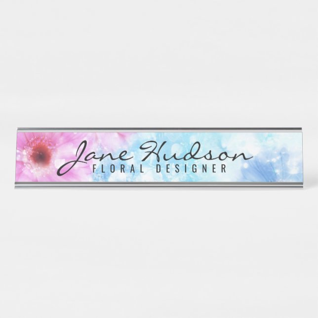 Placa de Nome de Mesa Flor Script Dourada Elegante (Frente)