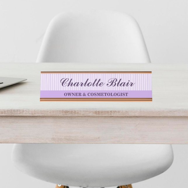 Placa de Nome de Mesa Personalizada com Listras Ro (Purple Striped Personalized Desk Name Plate)