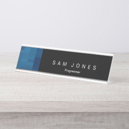 Placa de Nome de Mesa Pixel Preto e Azul Moderna