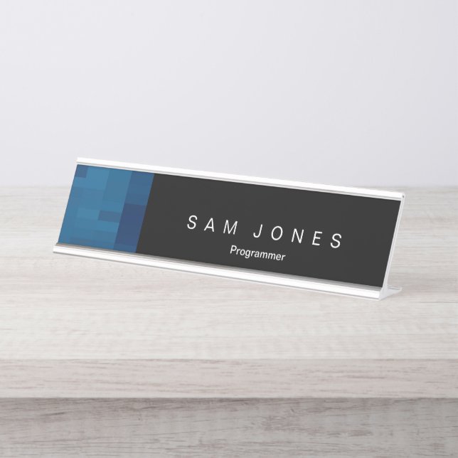 Placa de Nome de Mesa Pixel Preto e Azul Moderna (Frente)