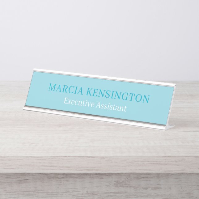 Placa de Nome de Mesa Profissional Moderno Azul Aq (Frente)