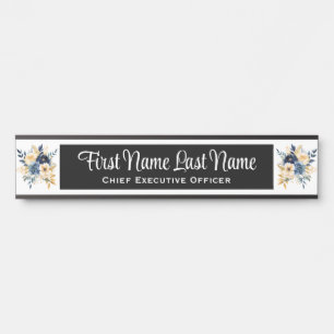 Placa de Nome de Porta de Escritório Floral Azul e