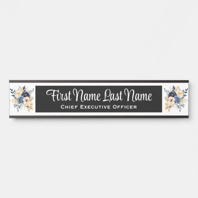 Placa de Nome de Porta de Escritório Floral Azul e (Frente)