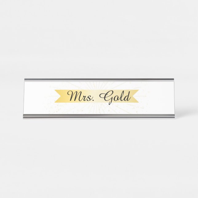 Placa de Nome para Mesa com Faixa Dourada Elegante (Frente)