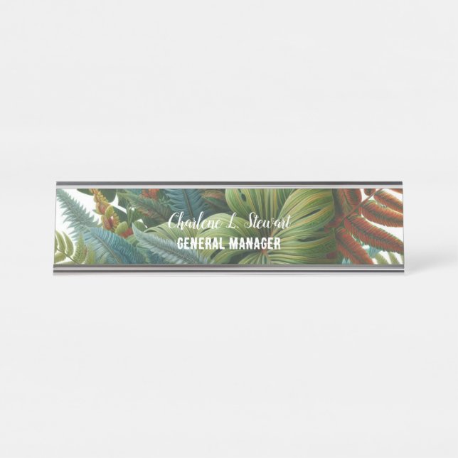 Placa de Nome para Mesa com Folhagem Tropical (Frente)