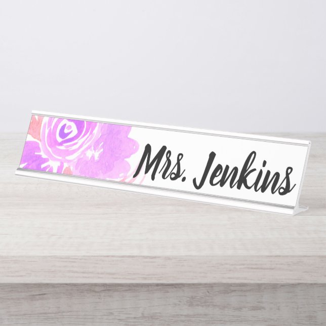Placa de Nome para Mesa de Professora com Flores R (Frente)