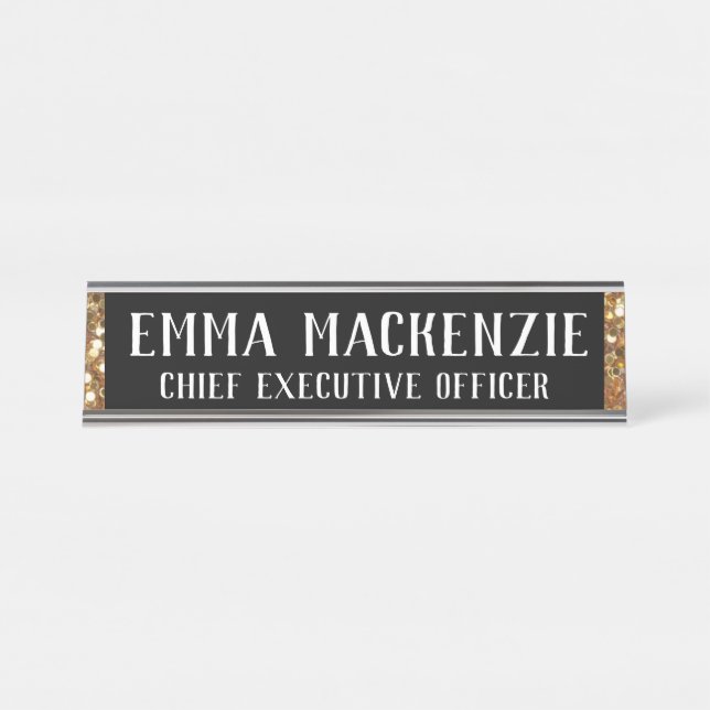 Placa de Nome Preta e Dourada Elegante - Mesa (Frente)