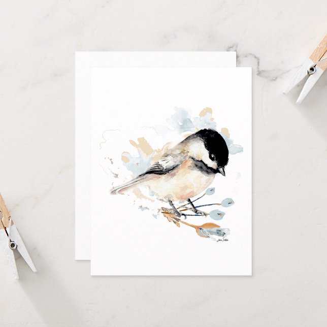 Placa de Nota de Cores Aquáticas do Chickadee (Chickadee watercolor note card by Jenn Steffen Art)