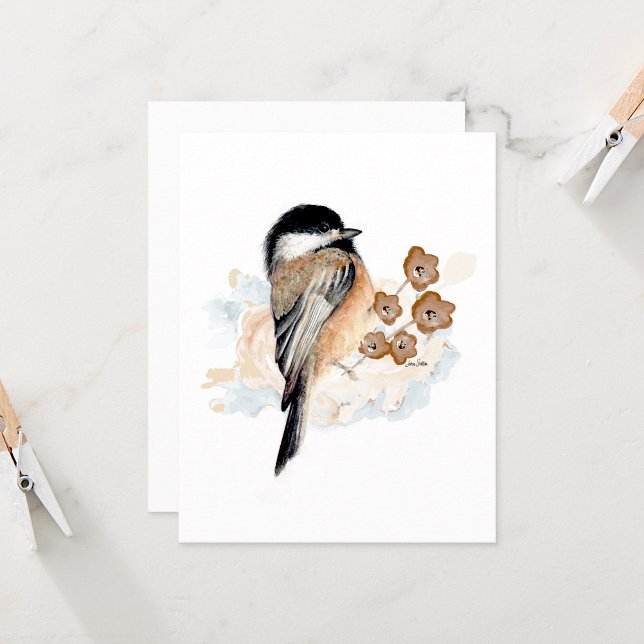 Placa de Nota de Cores Aquáticas do Chickadee (Beautiful chickadee watercolor blank note card by Jenn Steffen Art)