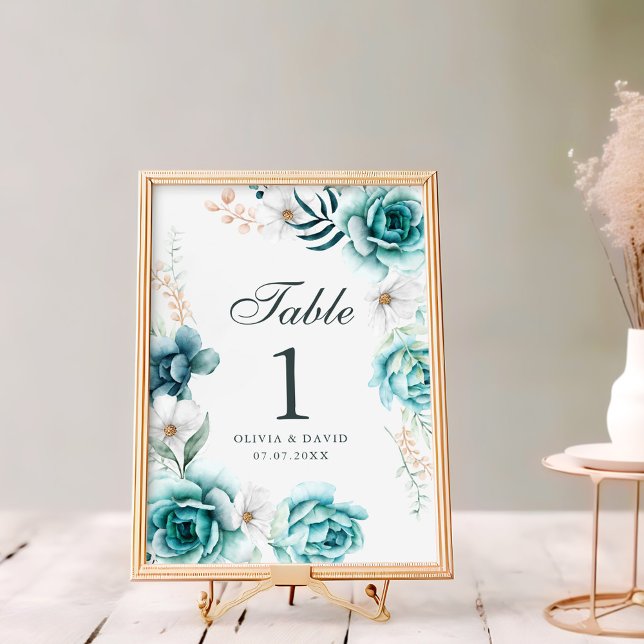 Placa de Número de Mesa de Casamento com Flor Silv (Teal & Off-White Wildflowers Wedding Table Number
)