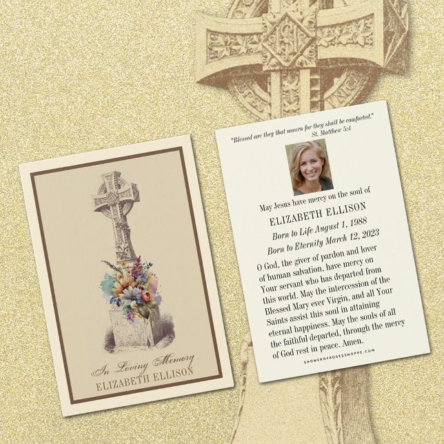 Placa de Oração Funeral Funeral Cruzada Irlandesa  (Celtic Floral Cross Catholic Funeral Prayer Cards)