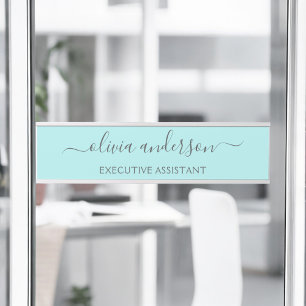 Placa De Porta Aqua Blue Teal Modern Script Girly Monographic Nam