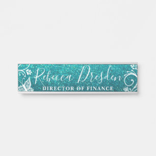Placa De Porta Aqua Glitter Business Office Company Boss Floral