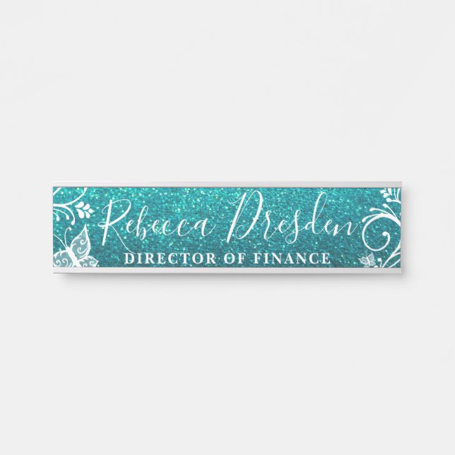 Placa De Porta Aqua Glitter Business Office Company Boss Floral (Frente)