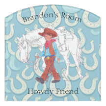 Placa de porta azul de meninos fofos Cowboy e cava