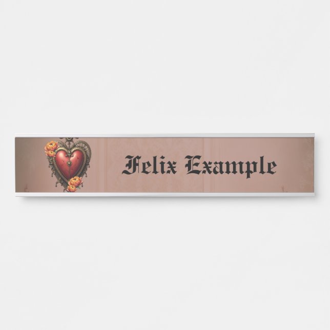 Placa De Porta Coração Steampunk com Flores. (Frente)