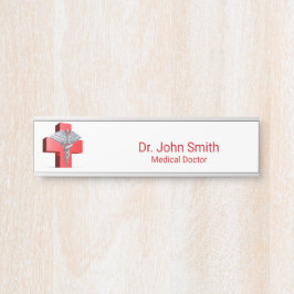 Placa De Porta Cruz Caduceu 3D Prata Medicina Vermelha
