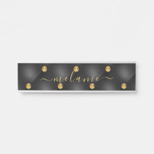 Placa De Porta Elegante Preto Dourado Diamante Luxo Seu Nome
