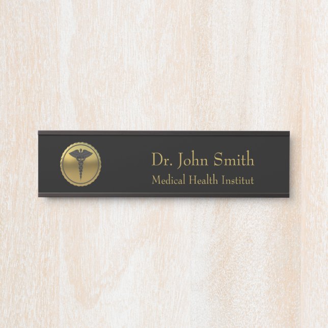 Placa De Porta Emblema Caduceu 3D Dourado Médico Profissional (Frente)