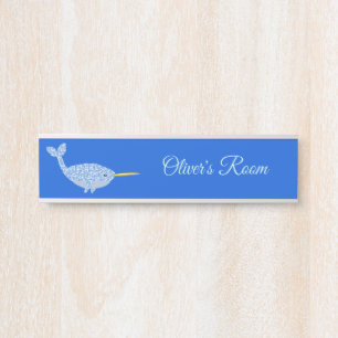Placa De Porta Enfermeiro Personalizado Cute Blue Baby Boy Narwha