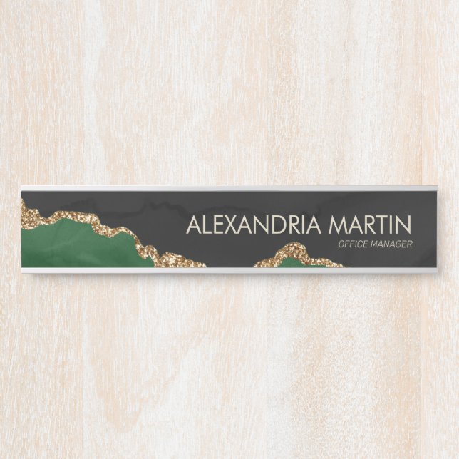 Placa De Porta Estiloso Mármore Preto Verde Dourado Glitter Moder (Frente)