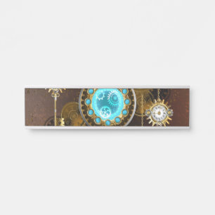 Placa De Porta Fundo Rusty Steampunk com Lentes Turquesa