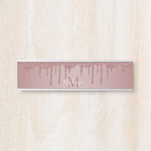 Placa De Porta Girly Rosa Dourado Sparkle Glitter Drives Monogram