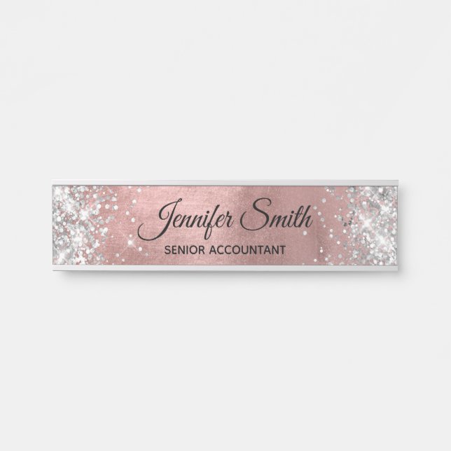 Placa De Porta Girly Silver Glitter Foil de Ombre Dourada (Frente)
