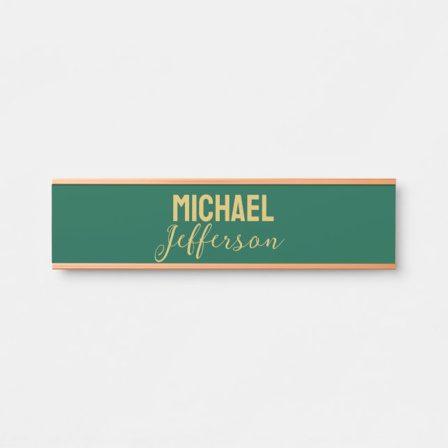 Placa De Porta Gold green color elegant modern minimalist name (Frente)