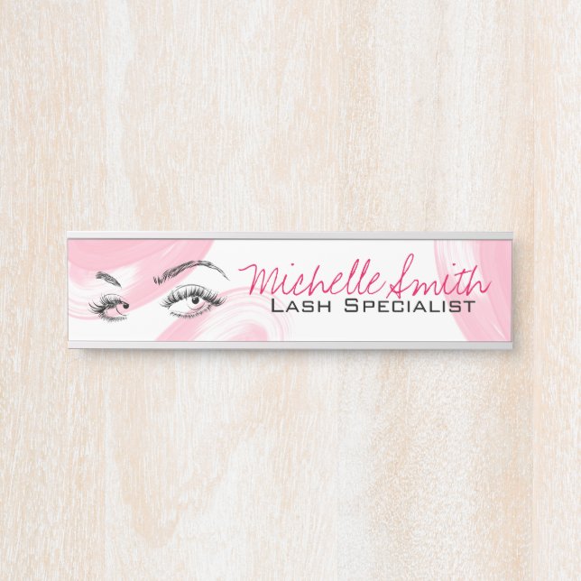 Placa De Porta Makeup Artist Lash Extensions Lashes Brows Rosa (Frente)