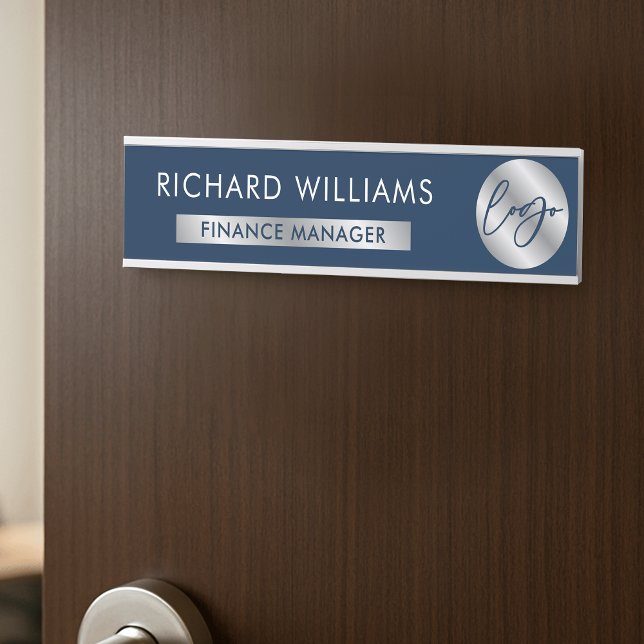 Placa De Porta Marinho comercial & Nome do Funcionarios do logoti (Navy blue and silver effect corporate door sign with your logo, name and job title)