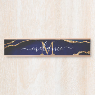 Placa de Porta Mármore Azul Dourado Nome Personali