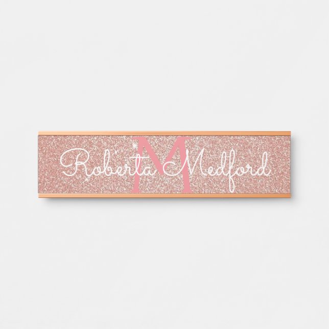 Placa de Porta Monogramada com Brilho Rosa Dourado (Frente)