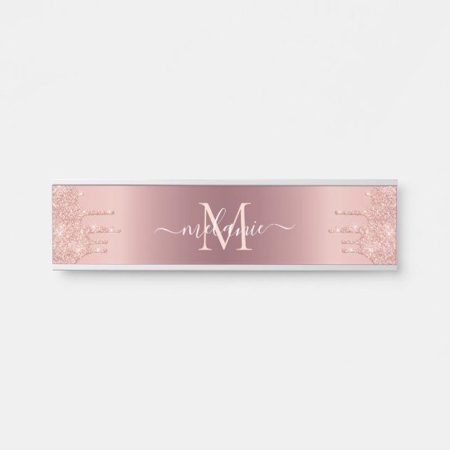 Placa De Porta Nome do Monograma Rosa de Texto Blush Glitter Spar (Frente)