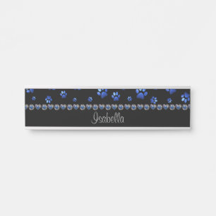Placa De Porta Nome personalizado, patas de cão com brilho azul