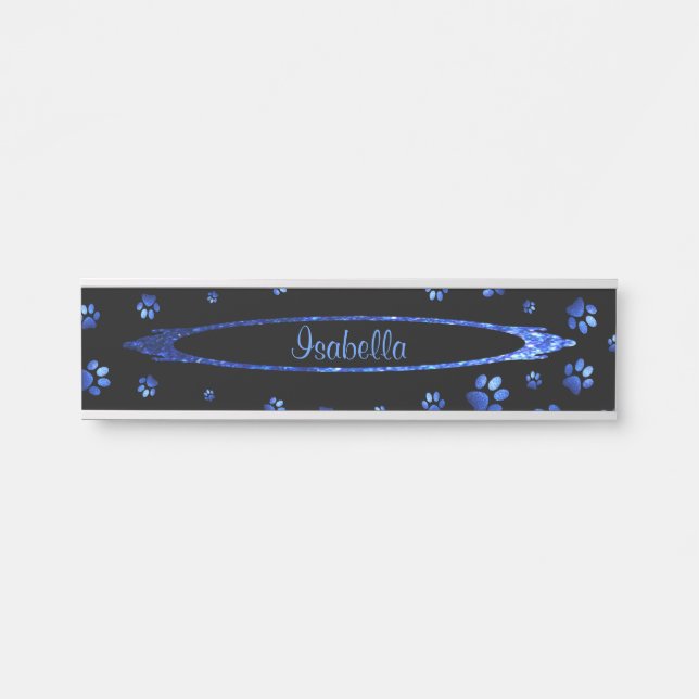 Placa De Porta Padrão de pata de cachorro com brilho azul Monogra (Frente)