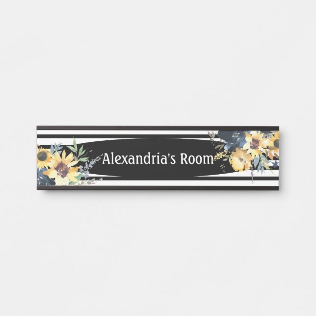 Placa de porta para menina com flores florais em p (Frente)