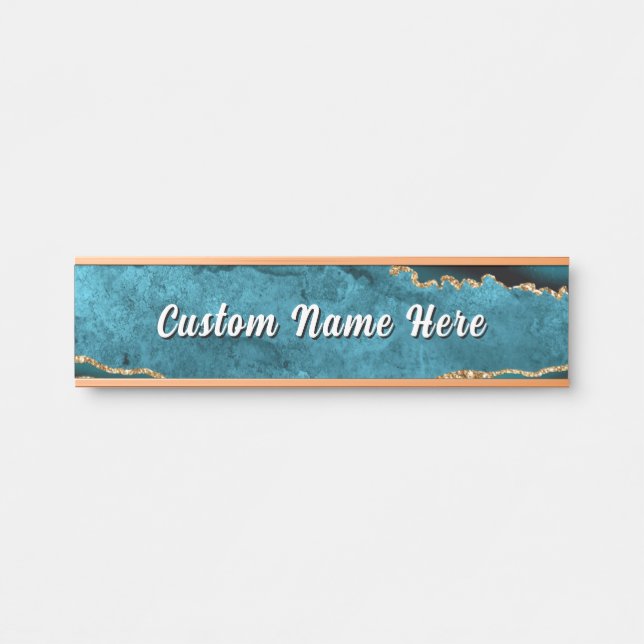 Placa de porta personalizada azul turquesa dourada (Frente)