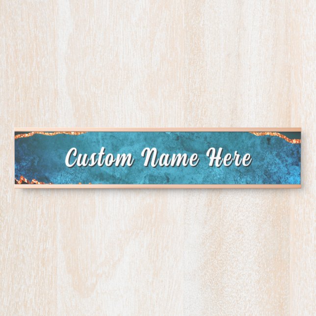 Placa de Porta Personalizada Azul Turquesa Dourado (Frente)