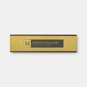 Placa De Porta Personalizado Monograma Preto e Dourado com Brilho
