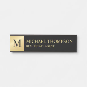 Placa De Porta Preto Elegante profissional e Dourado