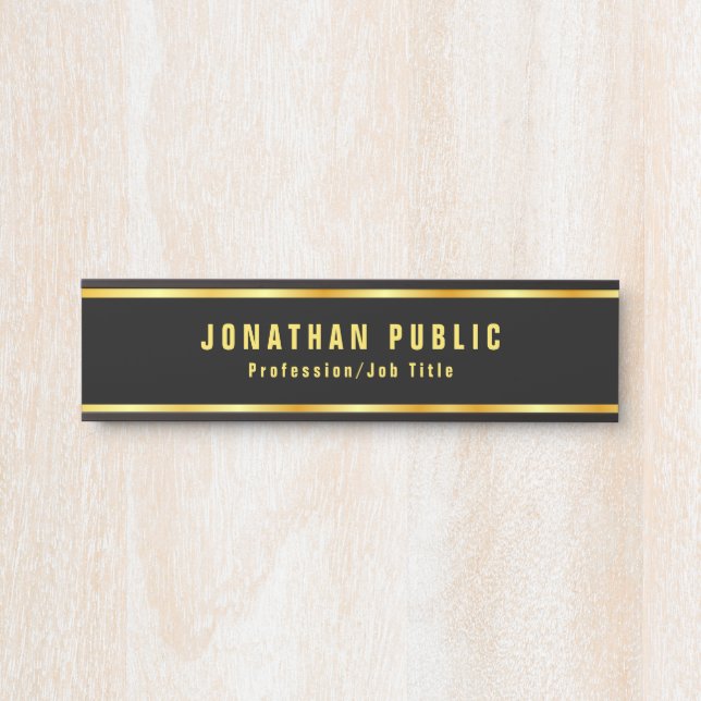Placa De Porta Preto Moderno E Dourado Personalizado Elegante (Frente)