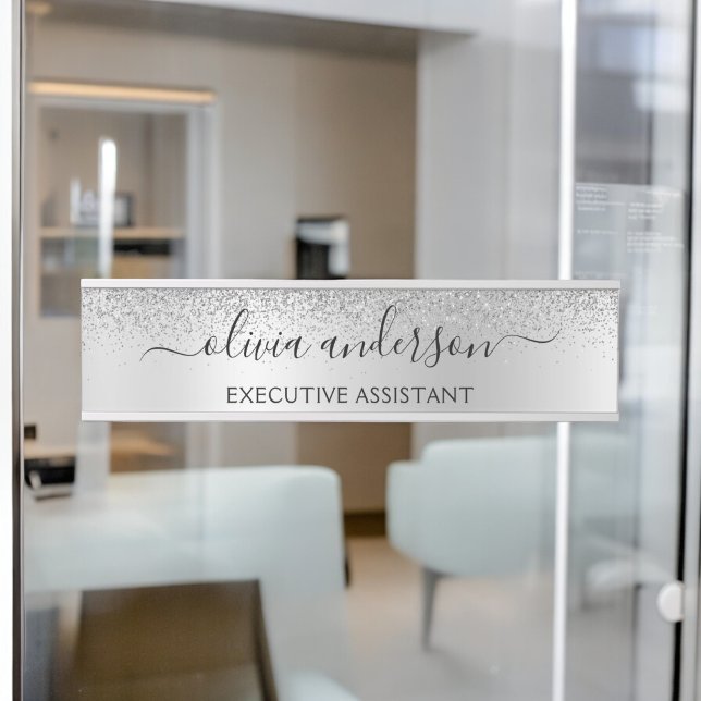 Placa De Porta Script Girly Sparkle Glitter Monograma de Silver (Criador carregado)