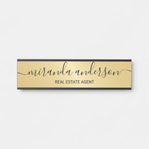 Placa De Porta Script Moderno Profissional Preto e Dourado