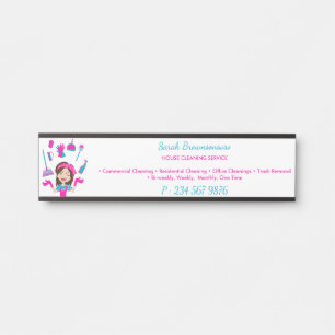 Placa De Porta Serviço de Limpeza de Casa de Desenho Animado Rosa