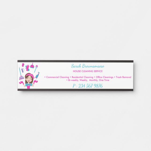 Placa De Porta Serviço de Limpeza de Casa de Desenho Animado Rosa (Frente)