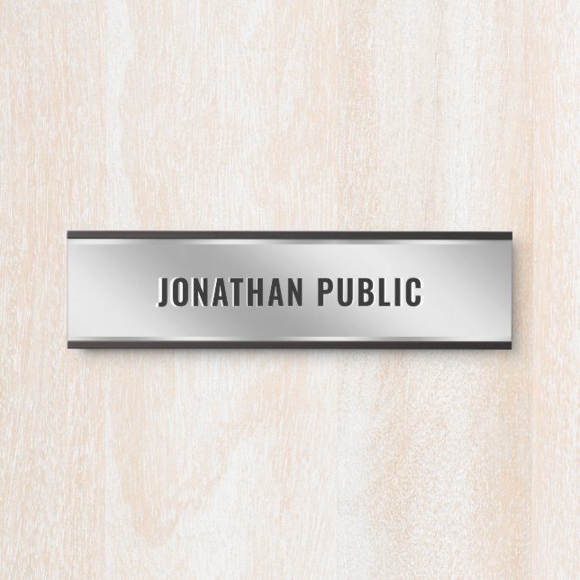 Placa De Porta Texto Personalizado Elegante Moderno Simples Prata (Frente)